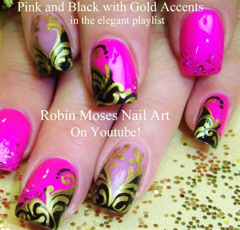 Nail Art By Robin Moses Pink And Black Nail Art Damask Nail Art