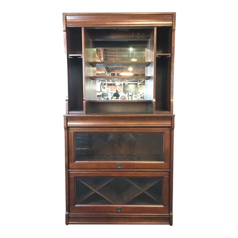 Pottery Barn Laminate Walnut Glass And Mirrored Lawyer Bar Hutch Chairish