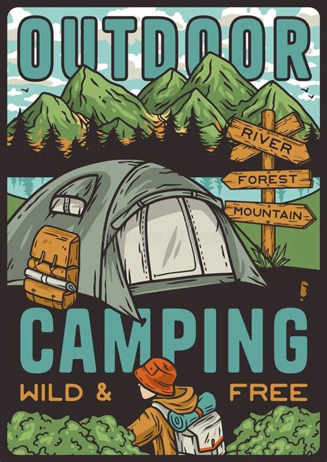 Outdoor Wild Camping Nature And Adventure Poster Stock Vector