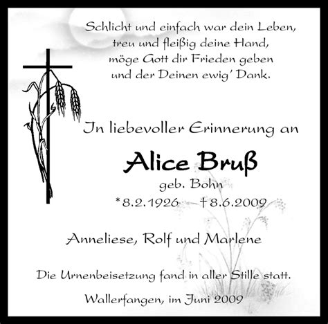 Traueranzeigen Von Alice Bru Saarbruecker Zeitung Trauer De