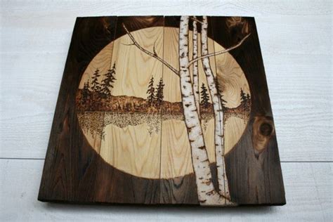 Wood Burned Wall Art X Inches Lakeside Birch Trees Etsy Wood