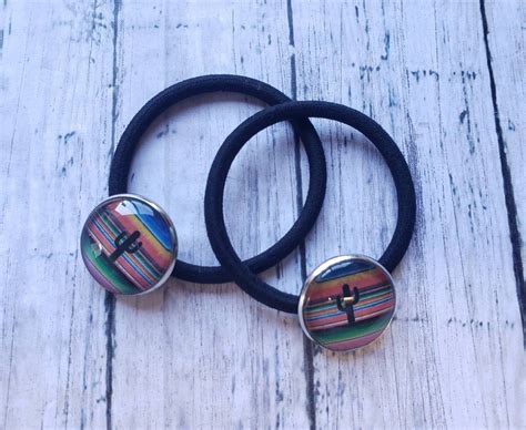 Cactus Western Serape Hair Tie Two Cabochon Elastic Ties Mexican