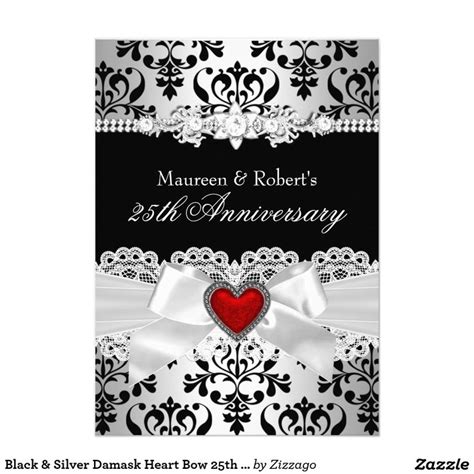 Black Silver Damask Heart Bow Th Anniversary X Paper Invitation