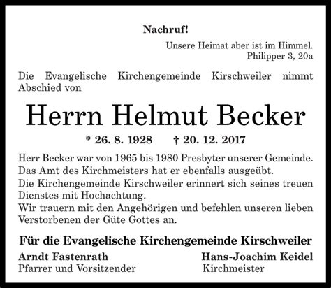 Traueranzeigen Von Helmut Becker Rz Trauer De