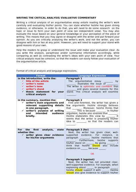 ELC231 Writing THE Critical Analysis WRITING THE CRITICAL ANALYSIS