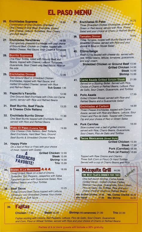 Dinner Menu El Paso Mexican Grill Carencro La