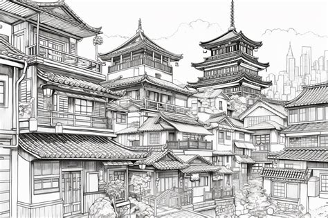 Premium AI Image | A drawing of a traditional japanese city with a ...