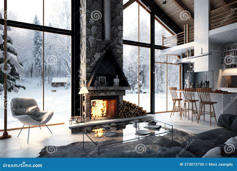 Modern Cottage Interior with Stylish Furniture and Fireplace. Winter ...