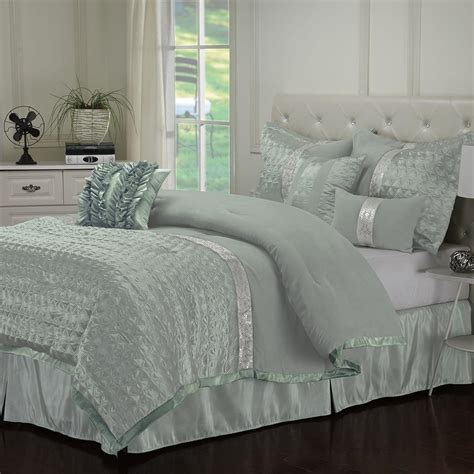 Dannica 7 Piece Silver And Teal Ruffled Comforter Bedding Bedroom Set