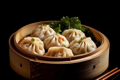 Dimsam Traditional Chinese Dumplings In A Bamboo Basket With Chopsticks