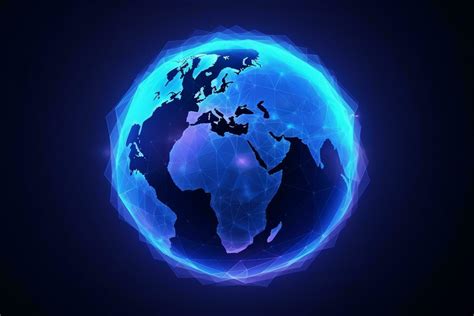 Holographic Glowing Blue Polygonal Globe Hologram On Dark Backdrop