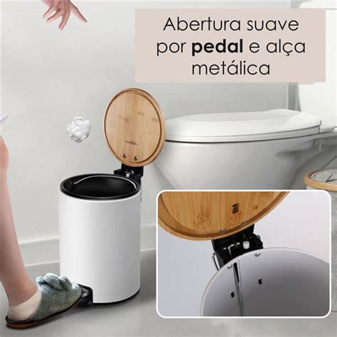 Lixeira Tampa Bambu Pedal Litros Cesto Interno Al A