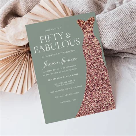 Rose Gold Sparkle Dress Sage 50th Birthday Party Invitation Zazzle