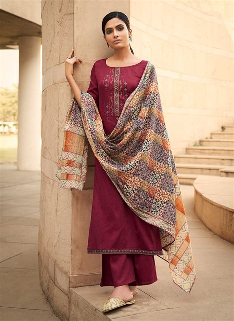 Buy Maroon Embroidered Cotton Palazzo Suit In Usa Uk Canada