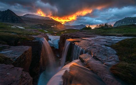 Wallpaper Trees Landscape Mountains Waterfall Sunset Sea Rock