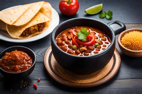 Premium AI Image | a bowl of beans with beans and chili on a table.