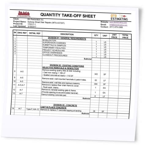 Sample Material Takeoff Spreadsheets Qto Estimating