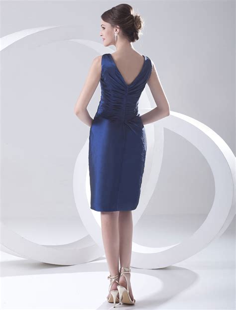 Glamour Royal Blue Knee Length Sheath Cocktail Dress With V Neck Flower Taffeta