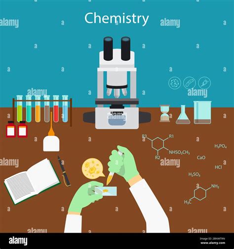 Chemistry research in laboratory cartoon vector illustration with icons ...