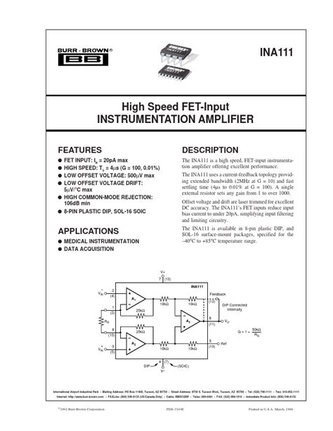 Ina Datasheet High Speed Fet Input Instrumentation Amplifier