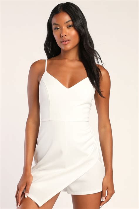 White Skort Romper Techno Crepe Knit Romper Sleeveless Romper Lulus