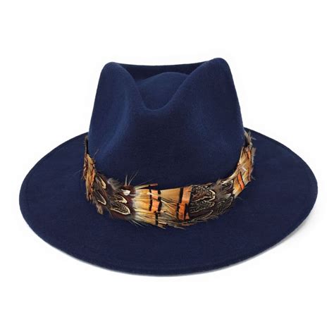 Womens Wool Navy Fedora Hat With Country Feather Wrap Trim Mickleton