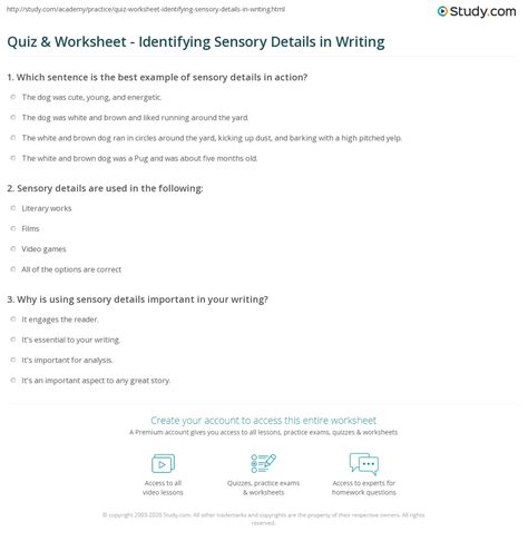 Quiz And Worksheet Identifying Sensory Details In Writing