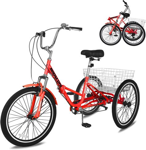 MOONCOOL Folding Tricycle for Adults, 24/26 inch 7 Speed Adult Foldable Tricycle with Large ...