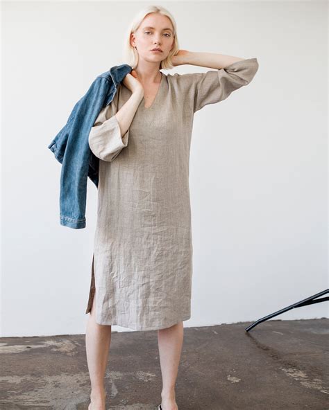 Linen V Neck Dress Gray Linen Tunic Dress Natural Linen Etsy