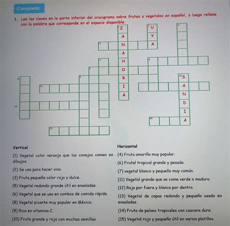 1 Lee Las Claves En La Parte Inferior Del Crucigrama Sobre Frutas Y