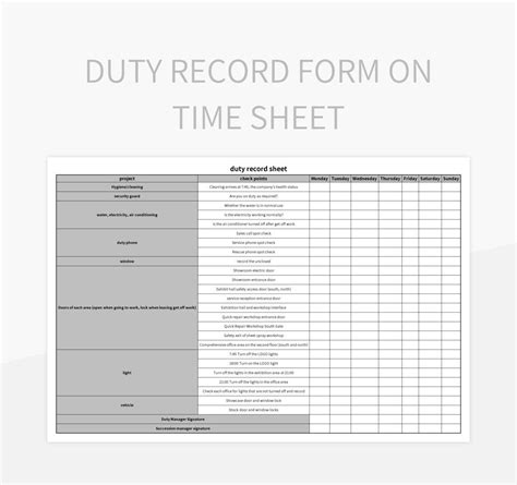 Duty Record Form On Time Sheet Excel Template And Google Sheets File For Free Download - Slidesdocs