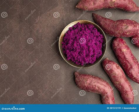 Purple Yams Pile And Mashed Potatoes On Dish On A Table Stock Image Image Of Color Tuber