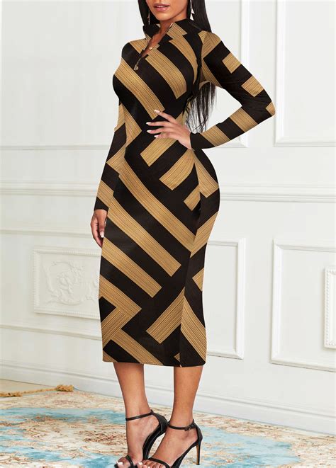 Rotita Patchwork Striped Black Stand Collar Long Sleeve Bodycon Dress