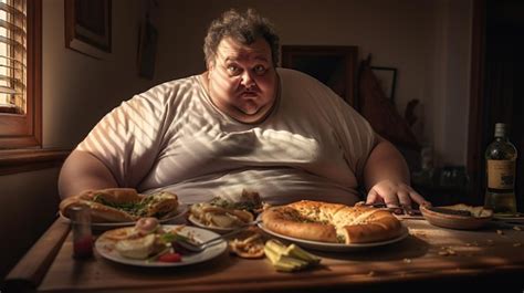 Premium AI Image Fat Man Eat Food Exaggerated Presentation Of A