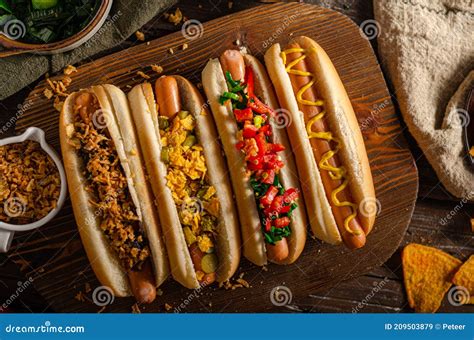 Hot dog variations stock image. Image of food, cheese - 209503879