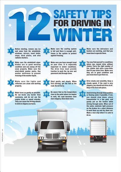 A Truck Driving Down A Snowy Road With The Words Safety Tips For