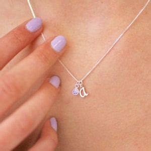 Silver Script Mini Initial And Birthstone Necklace Sterling Silver