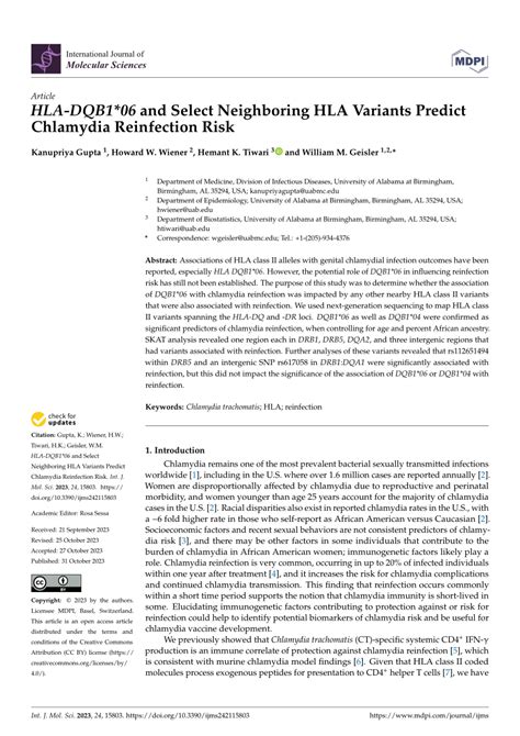 PDF HLA DQB1 06 And Select Neighboring HLA Variants Predict Chlamydia