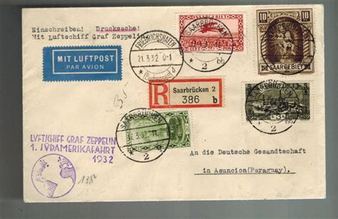 Saar Germany Lz Graf Zeppelin Cover To Asuncion Paraguay