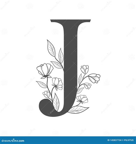 Uppercase Letter J With Flowers And Branches Vector Flowered Monogram