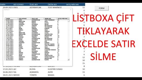 LİSTBOXA ÇİFT TIKLAYARAK DOUBLE CLİCK EXCELDE SATIR SİLMEK YouTube