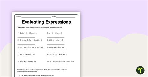 Evaluate Expressions Worksheet