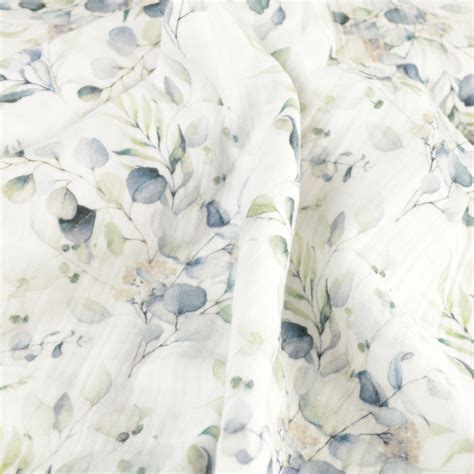 Double Gaze Eucalyptus Et Feuillage Fond Blanc Oeko Tex