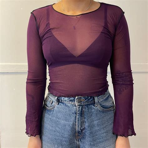 Vintage 90s Y2k Sheer Mesh Purple Long Sleeve Top Depop