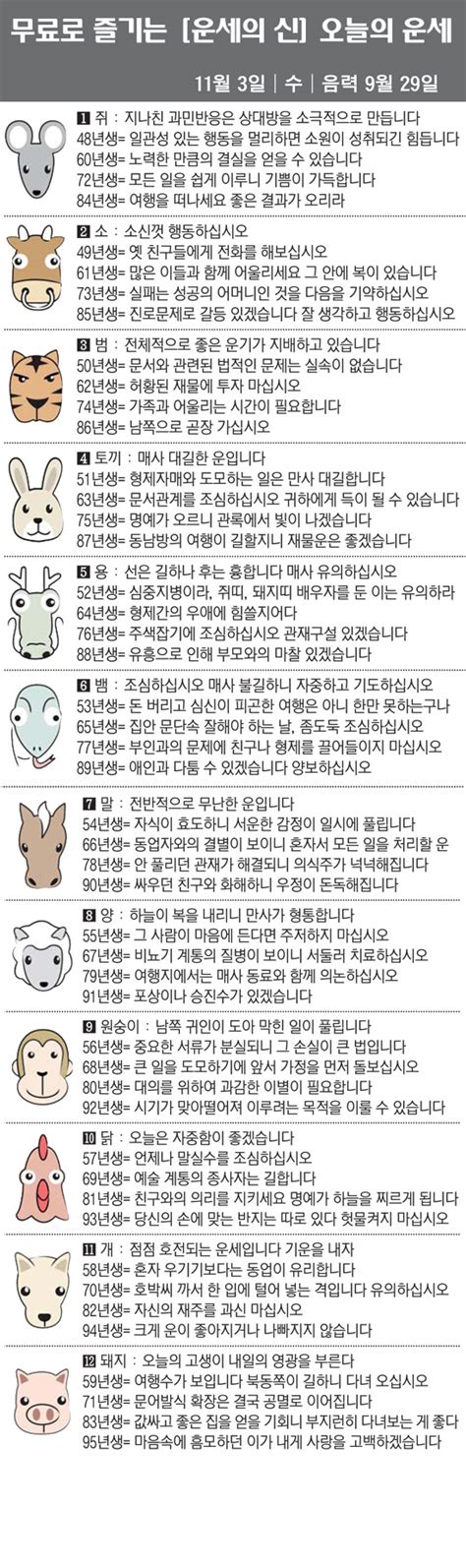 스포츠조선 직장인을 위한 오늘의 운세 2021년 11월 3일 수요일 오늘의 띠별 운세 음력 9월 29일