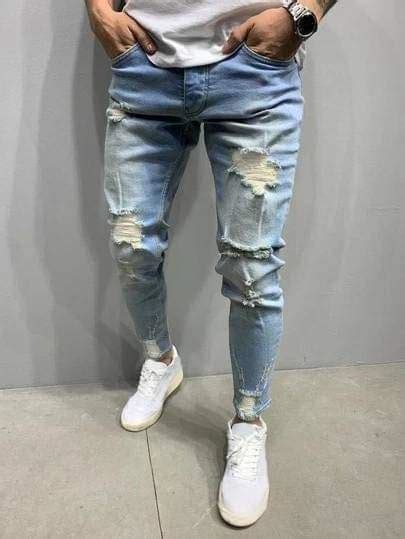 Mens Bleach Washed Ripped Skinny Jeans Lazada Ph