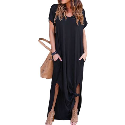 Grecerelle Womens Casual Loose Pocket Long Dress Short Sleeve Split