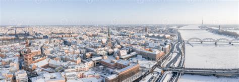 Aerial panorama view of Riga old town during beautiful winter day in