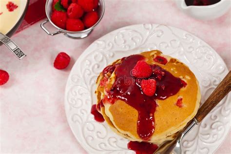 Pancakes With Raspberry Sauce Stock Image Image Of Raspberries Delicious 74916237