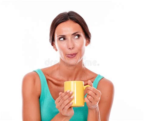 Satisfied Brunette Woman With Coffee Mug Stock Photo Image Of White Brown